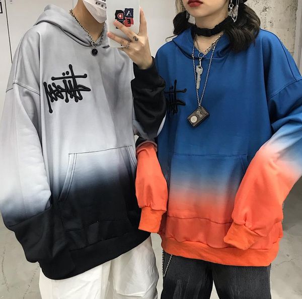 

stussys fashion men women hoodie tide brand sweater gradient plus velvet popular brand street hip hop loose couple pullover, White;black