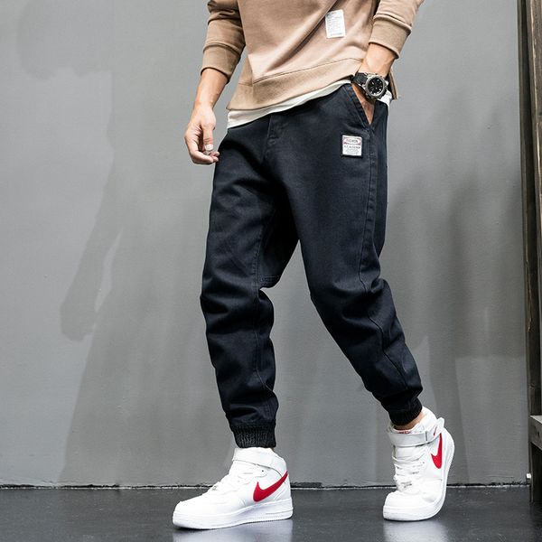 

japanese style fashion men jeans big size 28-42 black color loose fit cargo pants men joggers jeans patch hip hop homme, Blue