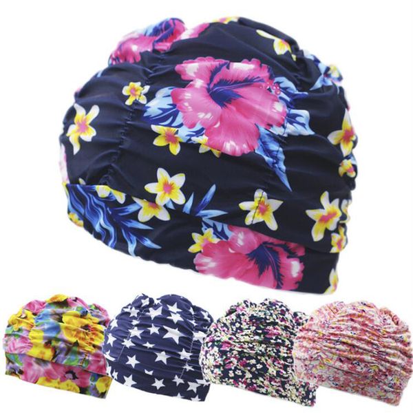 

pleated flower petal fabric swimming cap swim pool beach seaside protect long hair ears bathing caps hats for girls women adults
