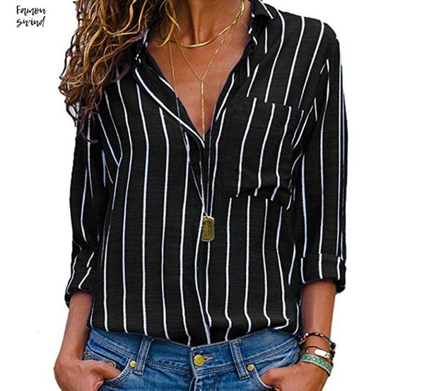 

plus size women blouses striped roll tab sleeve shirts 2019 spring large long sleeve size blusas mujer pocket 5xl, White