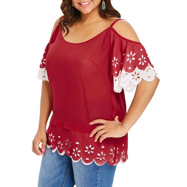 

women blouses and shirts plus size cutwork scalloped open shoulder two tone blouse mujer, White