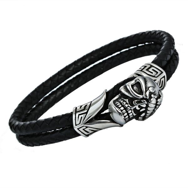 

europe and america new style simple stainless steel weave leather bracelet retro titanium steel kito bracelet one-eyed skull lea, Silver