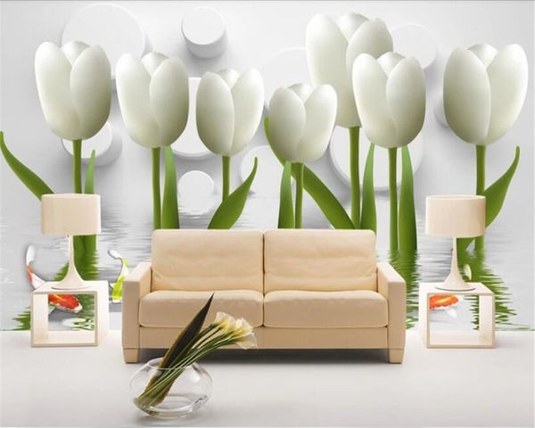 Beibehang carta da parati 3d sul muro Adesivo da parete personalizzato carta da parati romantico tulipano bianco sfondo muro carta da parati per pareti 3 d