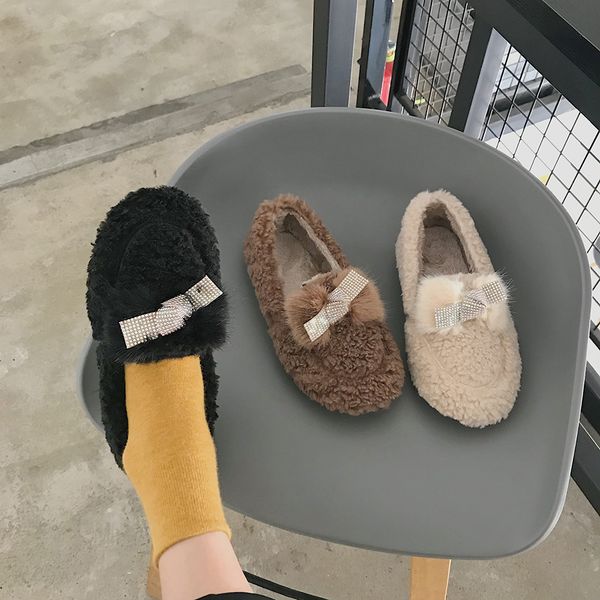 

loafers fur bow-knot casual woman shoe korean shoes crystal women round toe women's moccasins butterfly 2019 rhinestone winter, Black