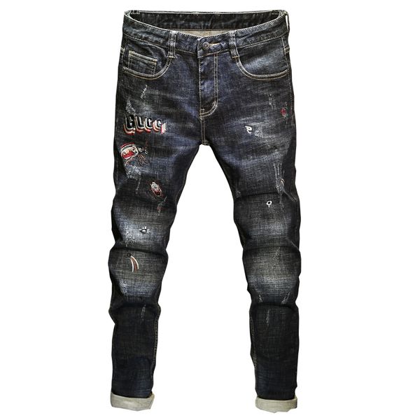 

povote 2020 new men's dark embroidered jeans men's korean trend brand straight leg leggings spring and autumn slim pants men, Blue