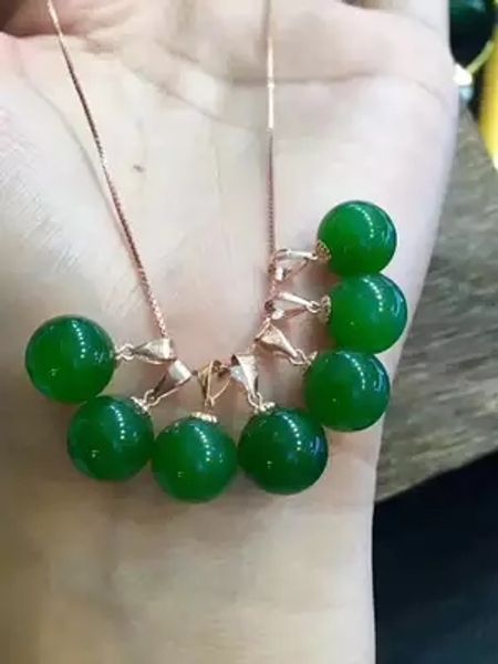 

zheru jewelry only pure 18k gold inlay natural hetian jasper spinach green 10mm round bead pendant necklace gift, Silver