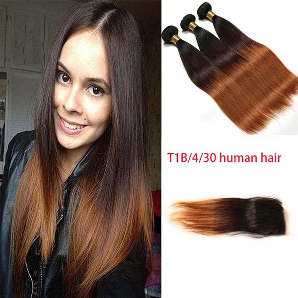 

Brazilian ombre color t1b 4 30 virgin traight human hair exten ion 3bundle with 4 4 lace clo ure middle three part hair weave 350g