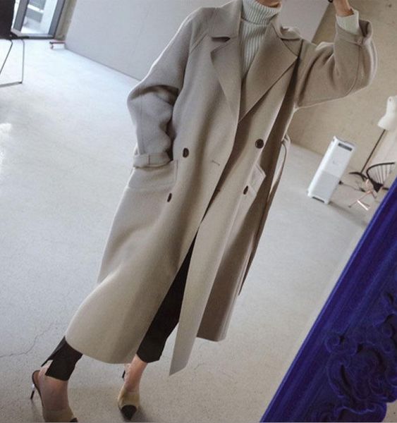

winter coat women wide lapel belt pocket wool blend coat oversize long trench outwear wool women