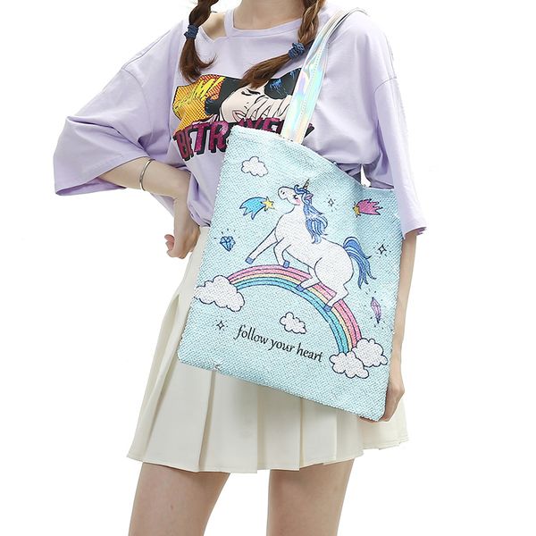 

девочка пришивания мультфильм unicorn сумочка дети большой емкости русалочка сумка для путешествий женщины письмо пляжная сумка торговый тот