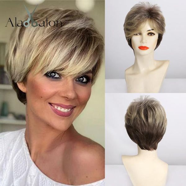 

alan eaton ombre light blonde brown black short synthetic hair wigs for women afro haircut puffy pixie cut wigs heat resistant