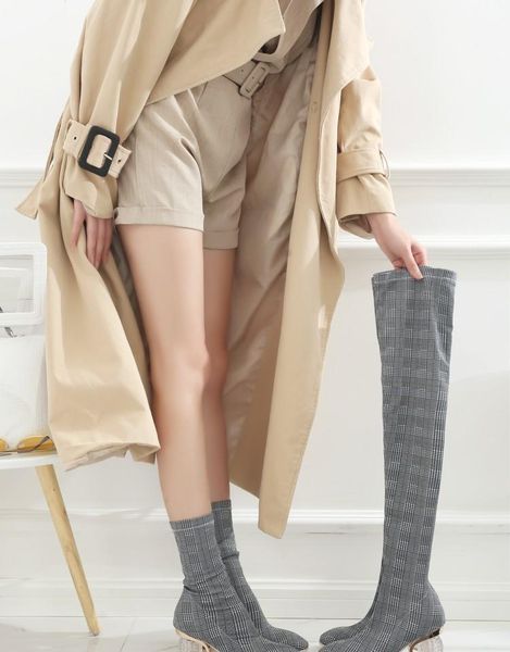 

sapato feminino thigh high stretch boots strange heel ladies sock boots leather stockings over the knee shoes woman 2019, Black