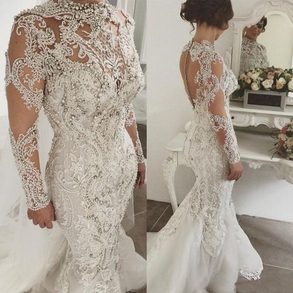 Nuovi abiti da sposa a sirena con perline di lusso in pizzo maniche lunghe collo alto abiti da sposa in cristallo bling corte strascico abito taglie forti