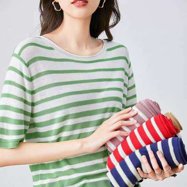 

women crew neck knitted sweater casual jersey stripe 2020 summer soft handfeel, White;black