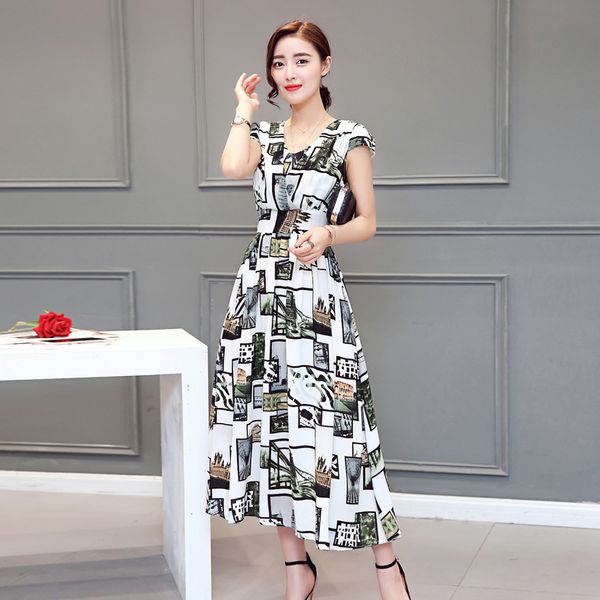 

women's skirt dress slim long beach skirt waist printed chiffon dress, Black;gray