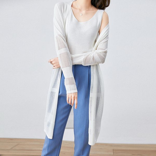 

women midi long thin cardigan jacket summer autumn casual loose ice silk knitted cardigans female hollow out sweater coat ab1851, White