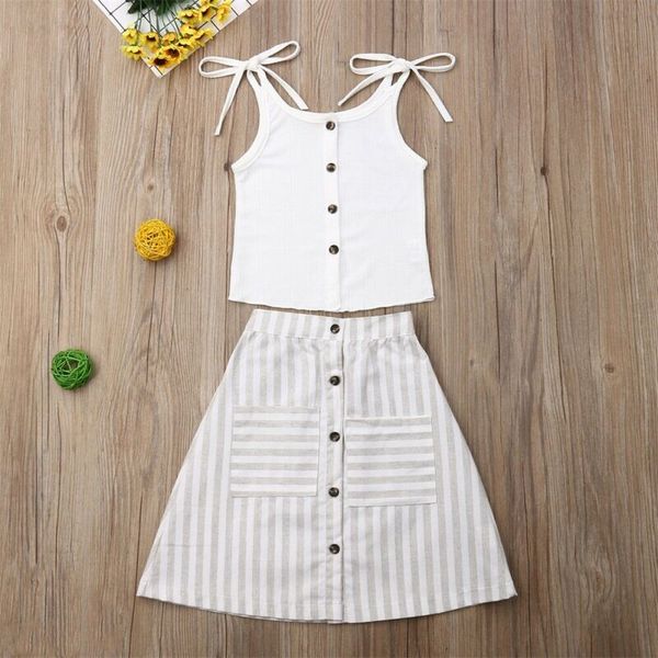 

2pcs toddler kid baby girl clothes shirt vest stripe dress skirt outfits set, White