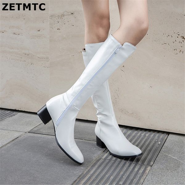 

fashion knee high boots women's winter boots thick high heels long round slip on spring autumn shoes woman black white