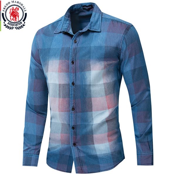 

fredd marshall new fashion brand clothing 2019 men's 100% cotton shirt men slim fit plaid shirt male long sleeve denim 204, White;black