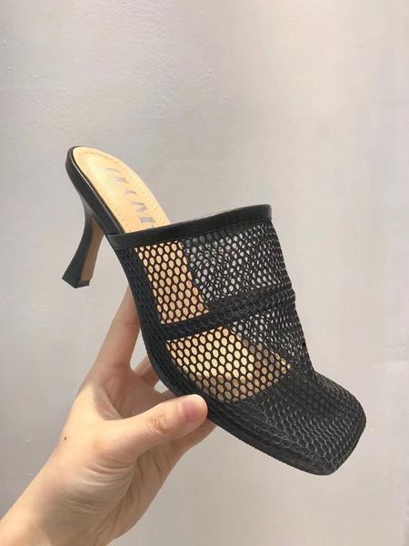 

ladies fashion casual slides mules square toe slip on thin high heels sandals slippers hollow design party slippers slides mules, Black