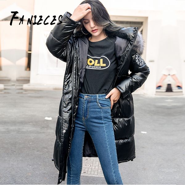 

women's winter black loose faux fur collar coat fashion casual hat long waterproof padded windproof down jacket manteau femme, Tan;black