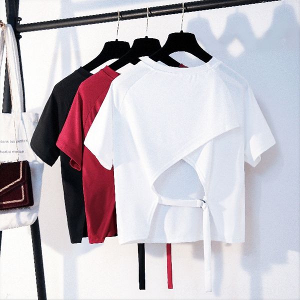 

summer t-shirt with bare back female summer solid color t-shirt vest vest short-sleeved back care jacket hollow-out female ins, White