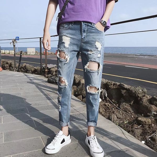 

summer new men's jeans thin section personality trend big hole nine points jeans men's trend slim feet pants nine points cowboy, Blue