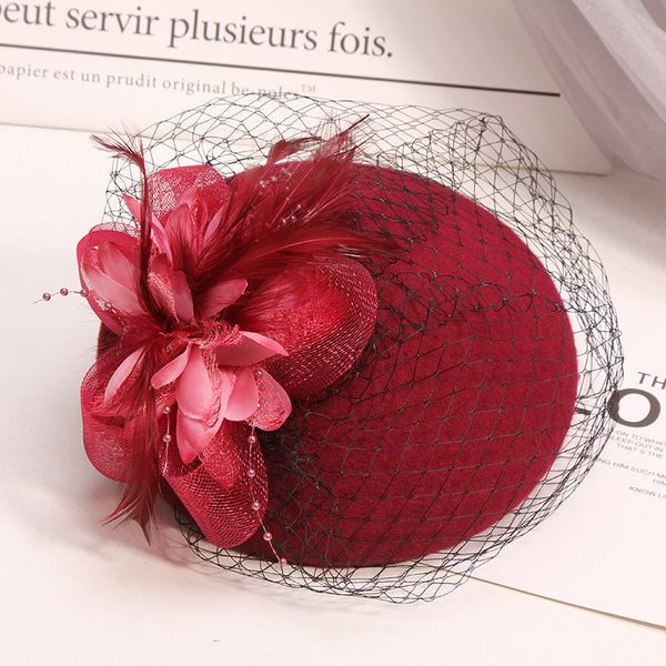 

bride wedding fascinator lady cocktail headwear women party chic dress flower fedora hat 100% wool felt veil beret caps, Blue;gray
