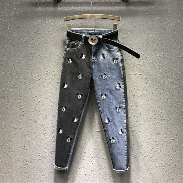 

мультфильм вышивка джинсы для женщин высокая талия джинсы женщина плюс размер свободные женские лоскутные промытые джинсовые брюки карандаш, Blue