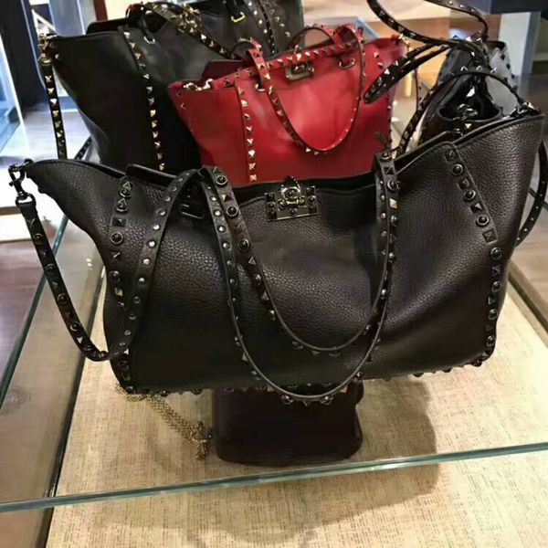 

2021 work modern bag big leather 33cm fashion show lady handbag cow stud tote ol size quality soft genuine travel classic special v cudq, Red;black