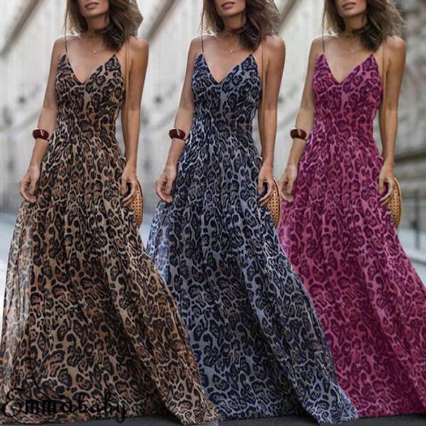 

women summer sleeveless dress ladies leopard print v-neck loose long dresses, Black;gray