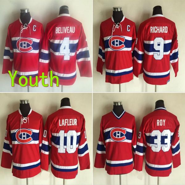

youth montreal canadiens vintage 4 jean beliveau 9 maurice richard 10 guy lafleur jerseys kids home red 33 patrick roy hockey jersey, Black;red