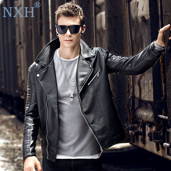 

nxh fashion turn-down collar faux leather jaket men moto & biker mens leather jacket loose coat man clothes deri ceket jaqueta, Black