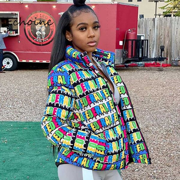 

мода bubble puffer jacket женская куртка вниз письмо толстые теплый женский сыпучие короткие пальто с длинным рукавом зимы ткань для wommen, Black