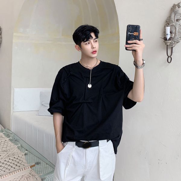 

ewq / men's wear fold short sleeve shirt tee for male 2020 summer new solid color irreuglar design loose men's 9y1723, White;black