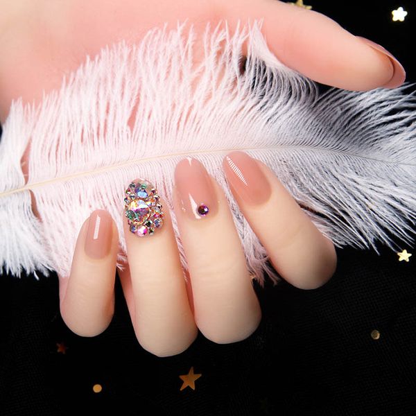 

lady 24pcs diamond arcylic fake nails women summer light color medium length full cover false nail art patches tn, Red;gold