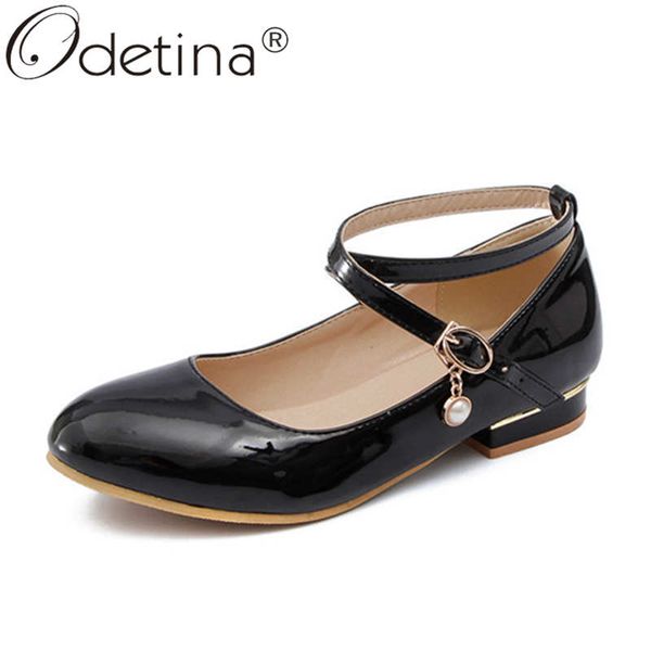 

odetina women fashion string bead patent leather mary janes block chunky heel buckle strap narrow band round toe casual shoes, Black