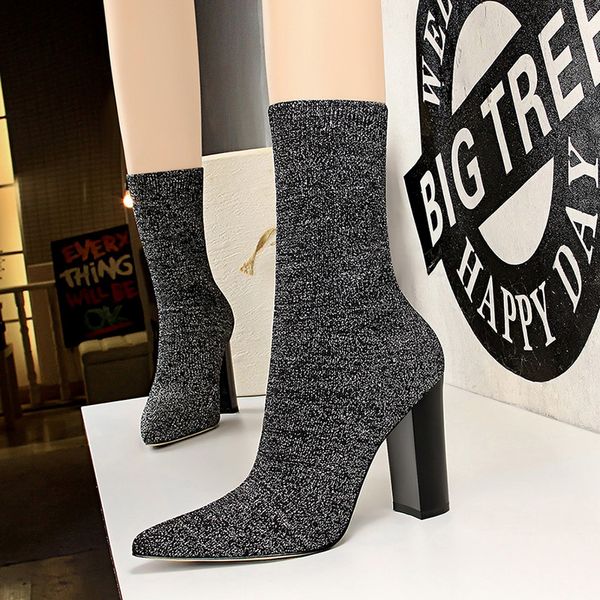 

2019 high slip on mid-calf boots pumps botas new women boots pointed toe elastic mujer high zapatos muje, Black