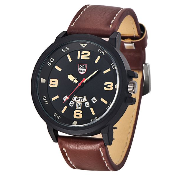 

xinew brand watch fashion 2018 new men's leather band watches sport date wristwatches montre relogio masculino saat, Slivery;brown