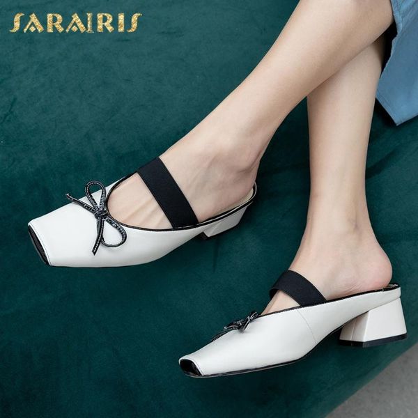 

sarairis 2020 new arrivals genuine cow leather chunky heels slip on summer shoes women pumps mules butterfly casual pumps woman, Black