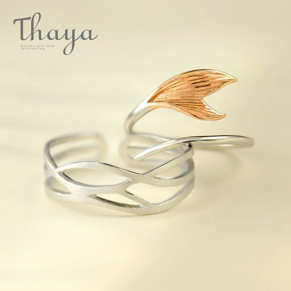 

thaya genuine s925 silver gold-color beauty fishtail finger rings handmade wave rings for women engagement ladies jewelry, Golden;silver