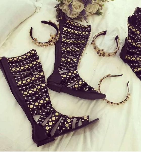 

sestito woman cool rivets rome style sandals boots ladies cut-outs back zipper knee high boots girls peep toe cover heels shoes, Black