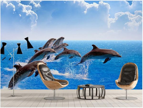 

3d wall covering custom mural wallpaper azure sea seascape dolphin expansion space background wall home decor wall papers