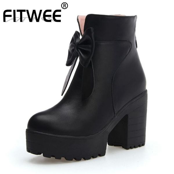 

fitwee bowknot platform zipper ankle boots square heels winter autumn short boots platform size 33-43, Black