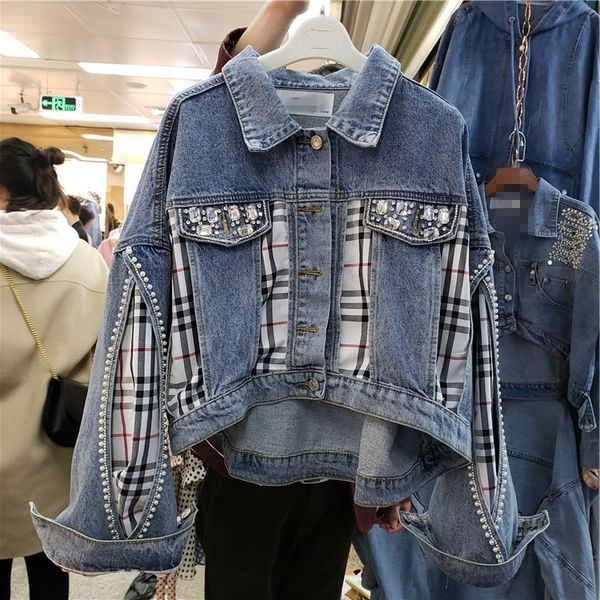 

pearl jacket women 2019 plaid patchwork long sleeve turn down collar vintage female jeans denim jacket, Black;brown