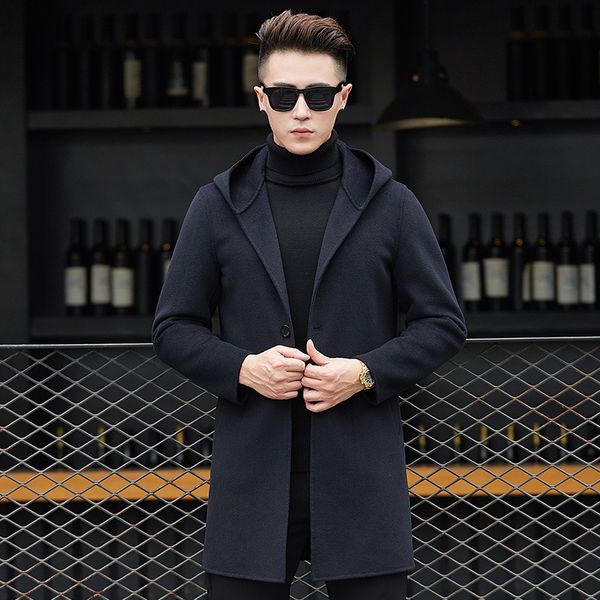 

a2 man autumn and winter clothing double-sided cashmere woolen coat men's blends medium and long slim hooded wool trench coat, Black