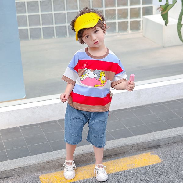 

summer kids boy наборы полосатый мультфильм печати с коротким рукавом топы блуза футболка + шорты повседневный нарядах наборы, White