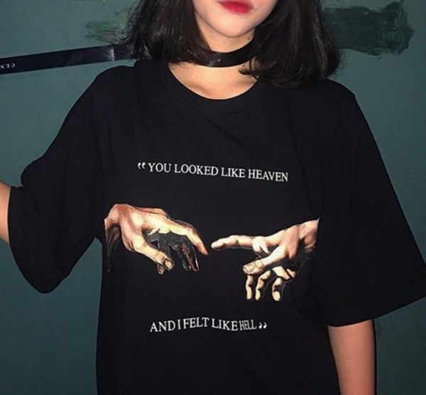 

конструктор рубашка женщины конструктора tops black tshirt лето женщина tee ты посмотрел heaven i like hell michaelangelo страшного суда рук, White
