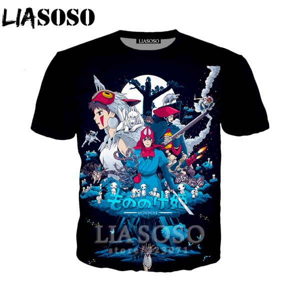 

liasoso summer new men women sweatshirt 3d print anime princess mononoke t shirt short sleeve round neck pullover a259-02, White;black