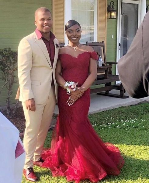 

plus size dark red south african girls prom dress mermaid off shoulder lace ruffle lace open back formal party dresses evening wear, Black