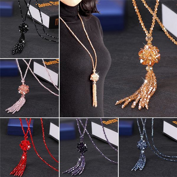 

pinksee new arrival exquisite korean crystal bead long tassel necklace women fashion elegant sweater chain neck decoration, Silver